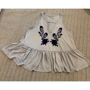 Alya Blue Sleeveless Peplum Tank Top With Navy Embroidered Floral Design Size S